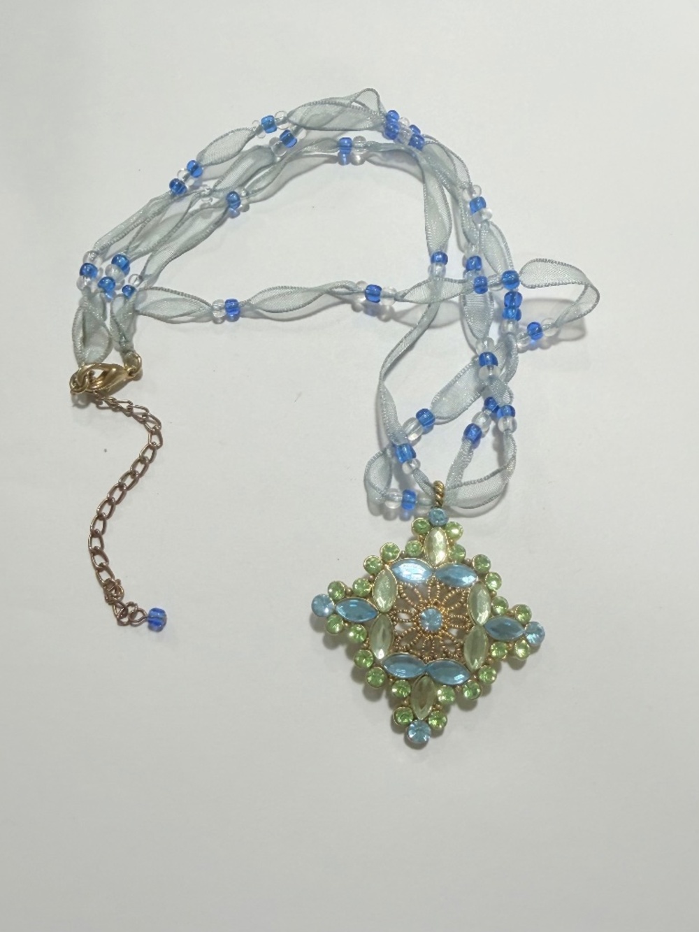 Blue and Green Rhinestone Pendant Choker Ribbon Necklace - Picture 1 of 3